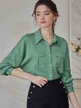 ROEYSHOUSE Women's green satin shirt autumn new commuter shirt lapel long-sleeved blouse